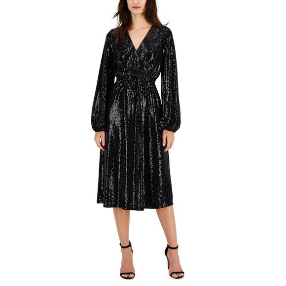 T Tahari Womens Faux Wrap Sequin Midi Dress - Picture 1 of 1